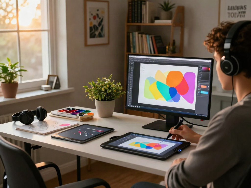 Creative digital artist workspace with ai nsfw art tools and design elements.